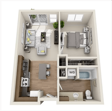 Floor plan for 1 bed, 1 bath, 617 sqft